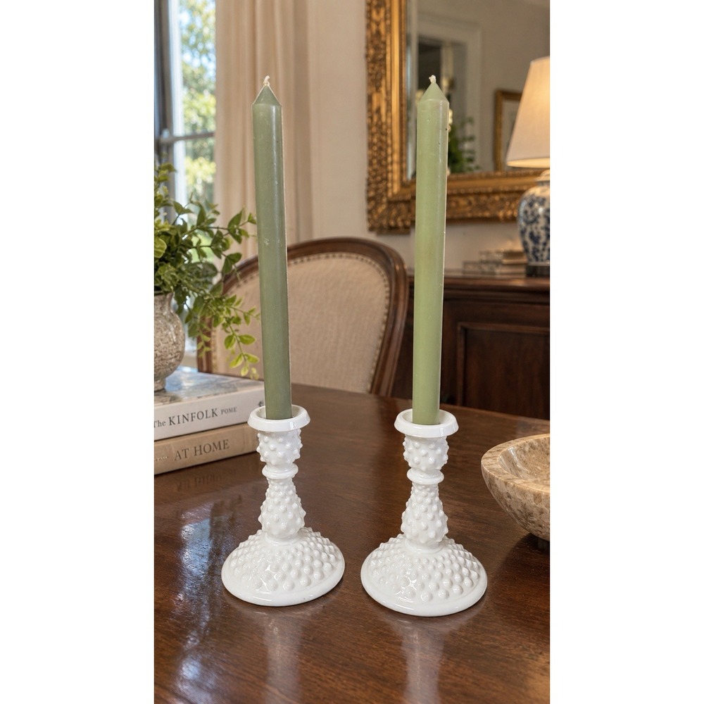 Vintage Fenton White Milk Glass Hobnail Candlestick Holders Pair 6"